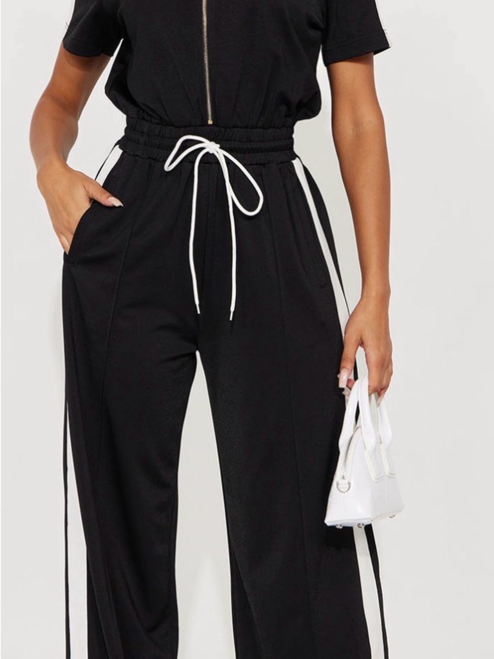 Fashion Nova Black Wide-Leg Jumpsuit with White Drawstring
